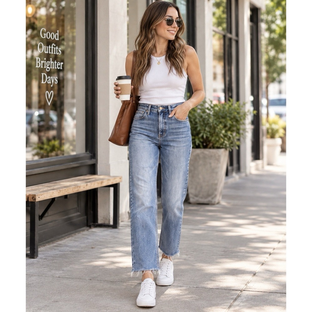 KUT From The Kloth Rachael Jeans Size 2 High Rise Straight Raw Hem Blue Denim